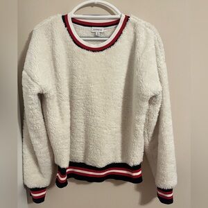 Evereve Cream Fuzzy Sweater with Black and Red Trim